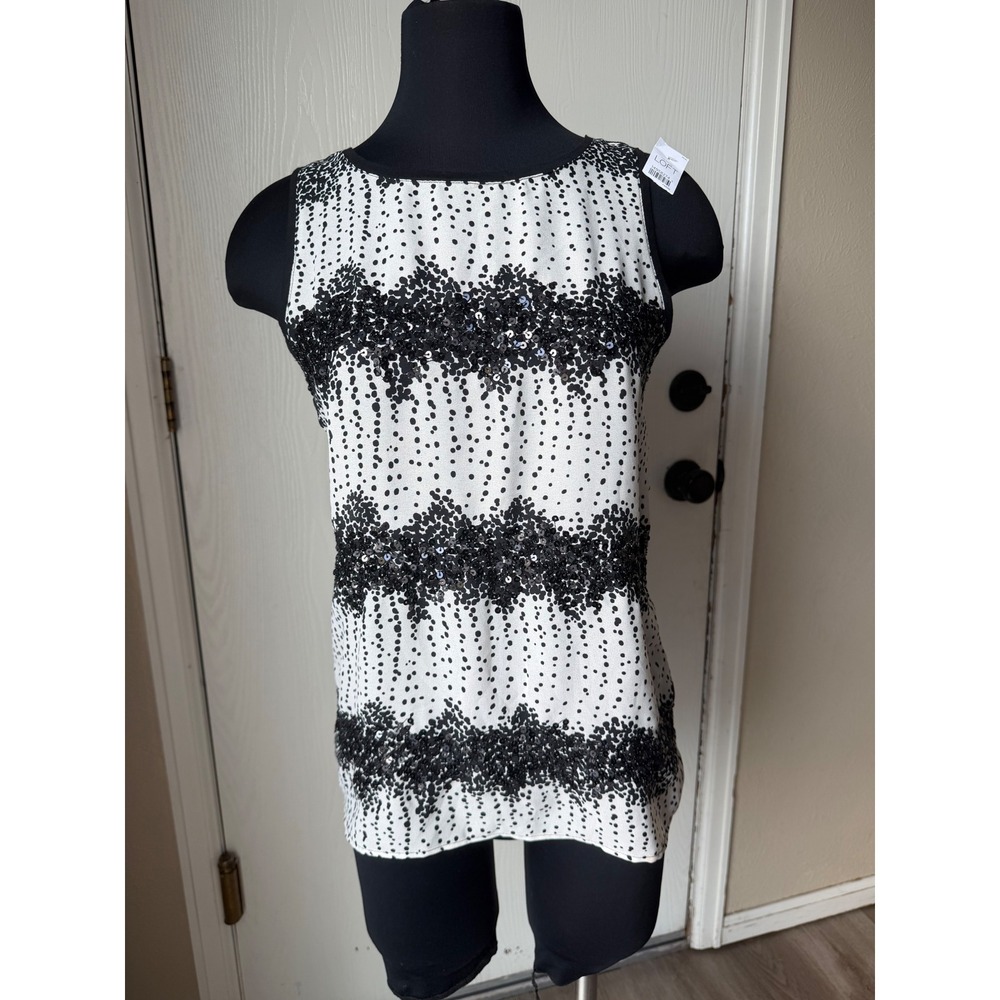Ann Taylor Loft Womens XS Black White Sequin Polka Dot Tank Top Mixed Media NWT
